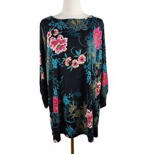 Susan Graver Tunic Top 1X Floral Long Sleeve Black Multicolor Stretchy